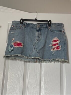 GAP Light Blue Distressed Denim Mini Skirt with Red Bandana Patch Details